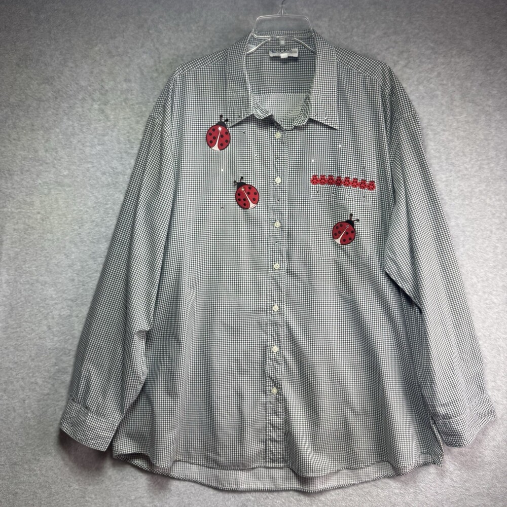 VTG Las Olas Ladybug Button Up Blouse Womens 2XL Gingham Picnic Spring Top B/W